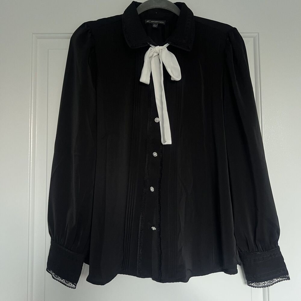 Adrianna Papell Black Lace Tie Neck Blouse - Pintuck Pearl Button Top - Large